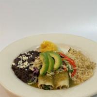 Smoked Chicken Enchiladas · Two each - A creamy mixture of pulled smoked chicken, sour cream, jack cheese, spinach, and ...