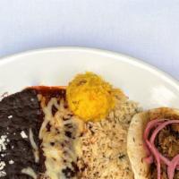 Pick Two Combo · Choice of Cheese or Smoked Chicken Enchilada with Pulled Pork or Classic Street Taco. Served...