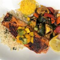 Red Chile Salmon · Red chile crusted salmon topped with fresh mango salsa. Served with coconut lime rice, grill...