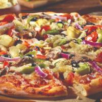 Veggie 7 Cauliflower Crust Pizza · Red onions, green bell peppers, sliced mushrooms, black olives, artichoke hearts and tomatoe...