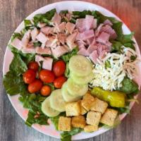 Chef Salad · Blend of Romaine and green leaf lettuce, ham, turkey, cucumber, cherry tomatoes, mozzarella ...