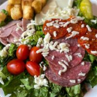 Antipasto Salad · Blend of romaine and green leaf lettuce, salami, pepperoni, ham, cherry tomatoes, provolone ...