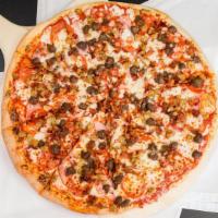 The Meats · red sauce, mozzarella,  pepperoni, bacon, beef, sausage, ham