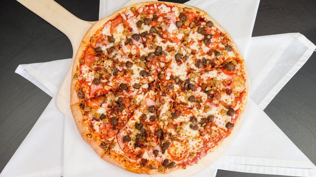 The Meats · red sauce, mozzarella,  pepperoni, bacon, beef, sausage, ham