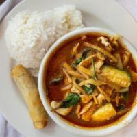 Gang Dang · Spicy red curry with coconut milk, bamboo and zucchini.