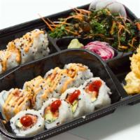Spicy Roll Bento · Half of spicy crab roll, spicy tuna roll, spicy salmon roll, dumpling, shrimp tempura and sa...