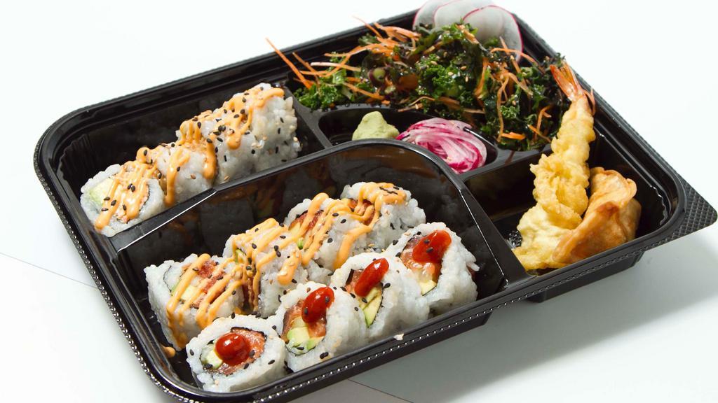 Spicy Roll Bento · Half of spicy crab roll, spicy tuna roll, spicy salmon roll, dumpling, shrimp tempura and salad.