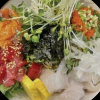 Korean Spicy Poke Bowl (Hoe-Deopbap)  · Fresh salmon, tuna, white fish, cucumber, pickled radish, lettuce, red onion, carrot, red ca...