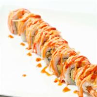 Shaggy Dawg Roll · Shrimp tempura, crab, cucumber, avocado inside, crab on top with spicy mayo, eel sauce and c...
