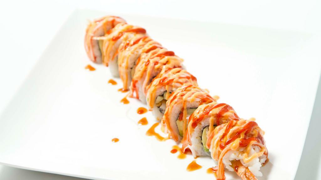 Shaggy Dawg Roll · Shrimp tempura, crab, cucumber, avocado inside, crab on top with spicy mayo, eel sauce and chili sauce.