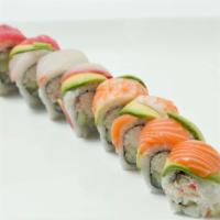 Rainbow Roll · California roll with assorted fish on top.