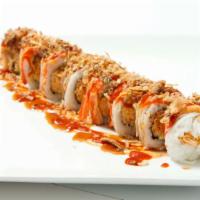 Las Vegas Roll · Spicy crab, avocado, cucumber inside, crab meat, spicy mayo, eel sauce and crunch onion on t...