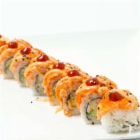 Baked Salmon Roll · California roll topped with baked salmon and masago, spicy mayo, wasabi mayo and sriracha.