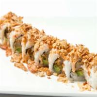 Green Crunch Roll · Shrimp tempura, crab meat, cucumber inside with avocado, onion crunch, crushed nuts, miso dr...