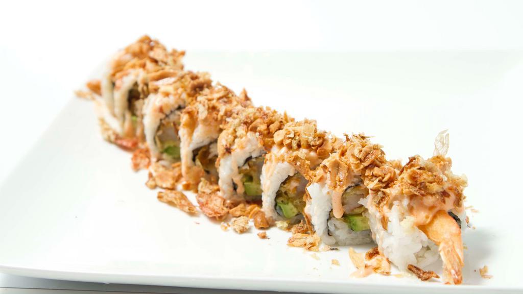 Green Crunch Roll · Shrimp tempura, crab meat, cucumber inside with avocado, onion crunch, crushed nuts, miso dressing and ponzu on top.
