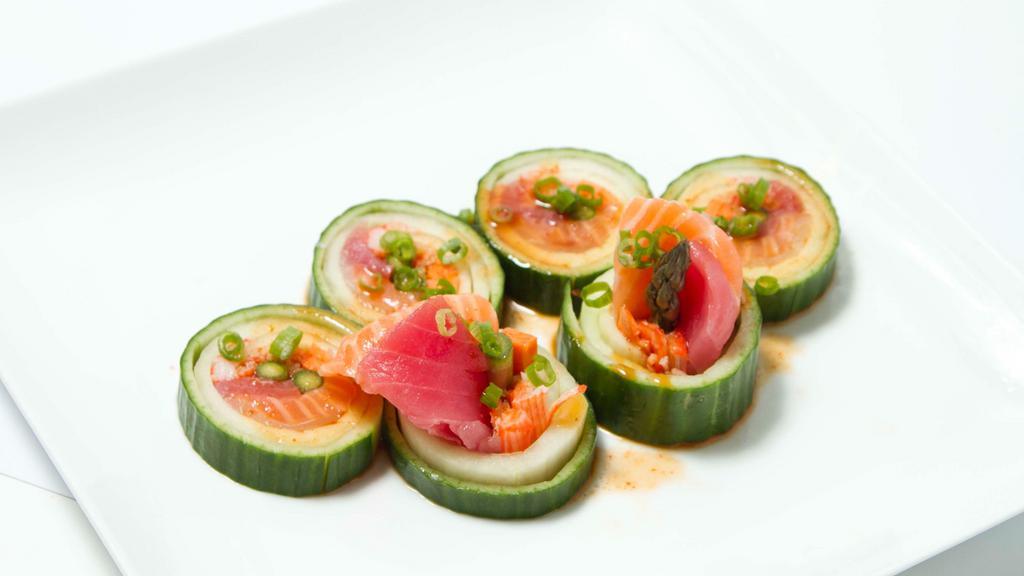 Serenade Roll · (No rice and no seaweed/cucumber wrap)
tuna, salmon, yellowtail, avocado, crabmeat, wrapped in cucumber skin