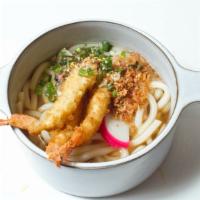 Tempura Udon · Udon noodle soup with shrimp tempura 0r vegetables.