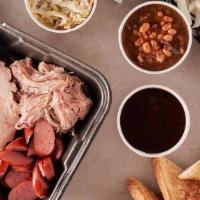 Family Pack - Three Meat · 1 1/2 pounds split between three types of meat of your choice, two large side orders, three ...
