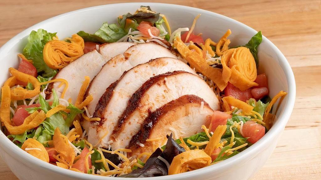 Smoked Chicken Salad · Smoked chicken over fresh greens, topped with tomato, cheese, tortilla strips and your choice of dressing.