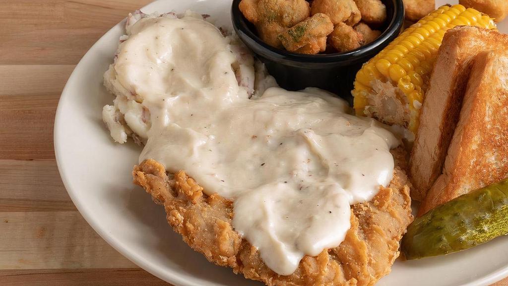 Chicken Fried Steak · A breaded and fried 9 Oz sirloin served with Texas toast, and two sides.  We recommend choosing mashed potatoes, gravy, and fried okra.