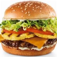 Banzai · Teriyaki-glazed patty, grilled pineapple, Cheddar, lettuce, tomatoes and mayo.