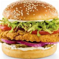 Crispy Chicken · Pickles, red onions, lettuce, tomatoes, and mayo on a sesame bun.