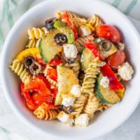 Pasta Salad · Tri-color pasta, seasoned and mixed with fresh vegetables and Italian herbs. Vegetables: cuc...