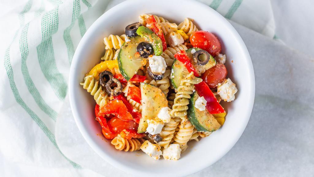 Pasta Salad · Tri-color pasta, seasoned and mixed with fresh vegetables and Italian herbs. Vegetables: cucumber, cherry tomatoes, and avocado.