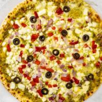 Mediterranean · Vegetarian. Roasted red peppers, black olives, red onions, feta cheese, and pesto sauce.