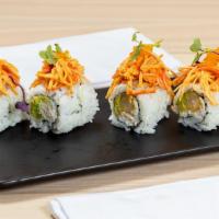 Red Dragon Chef Special Roll · Shrimp tempura, avocado, crab meat inside topped with crab stick, smelt egg served with srir...