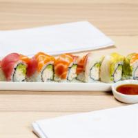 Rainbow Special Roll · California roll topped with salmon, tuna, snapper, avocado, and shrimp.