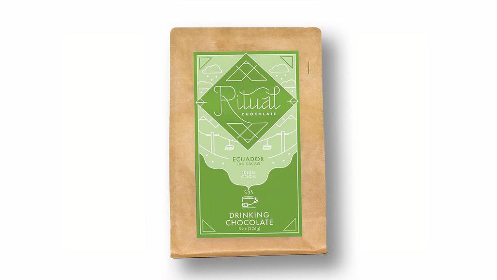 Ritual Ecuador Drinking Chocolate 70% · Made with cacao that is carefully fermented and dried by Vicente Norero of Camino Verde in Ecuador. The unique fermentation methods and careful sourcing give this chocolate its distinguished rich chocolatey flavor. Ingredients: Cacao and Organic Cane Sugar. Nutrition Facts Servings: 9, Serv. Size: 4 Tbsp (25g), Amount Per Saving: Calories 130, Total Fat 9g (12% DV), Sat. Fat 6g (30% DV), Trans Fat 0g, Cholest. 0mg (0% DV). Sodium 0mg (0% DV), Total Carb. 13g (5% DV), Fiber 3g (11% DV), Total Sugars 8g (Incl.8g Added Sugars, 16% DV), Protein 2g, Vit. D (0% DV), Iron (15% DV), Potas. (0% DV).