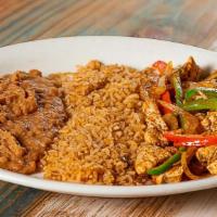 Pollo Diablo · Blackened chicken with onions, green and red bell peppers served with rice, charro beans and...