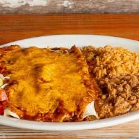 Ground Beef Enchiladas · $11.69 Two / $15.19 Three. Ground beef with beef gravy. Served with rice, beans, and guacamo...