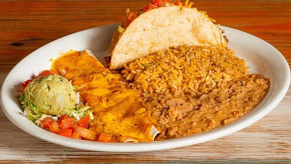 Choose 2 · Create your own platter of enchiladas and tacos. Served with rice and beans.