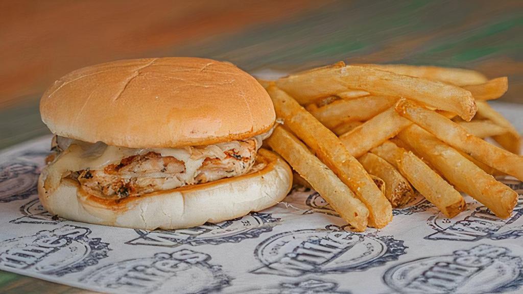 Kid Chicken Sandwich · Grilled chicken sandwich with French fries and a drink