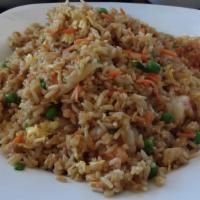 Fried Rice · Egg carrot onion peas and soy sauce.