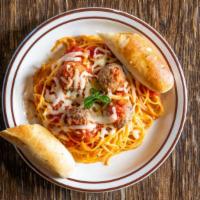 Spaghetti With Meatballs · Noodles topped meatballs, mixed with rich tomato sauce, and covered with mozzarella cheese, ...