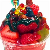 Fresadilly · Dressed with red and green chamoy, lucas then loaded with strawberry soft shaved Italian ice...