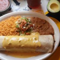 Burrito Con Queso · A ground beef and bean burrito smothered in chile con queso and served with rice, beans and ...