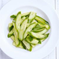 Chillin’ Cucumber Sticks 爽口黄瓜 · Wedges of fresh Persian cucumber salad tossed in sesame oil with ground garlic.