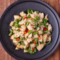 Fish Cubes With String Bean Bits 爆炒双丁 · Basa fish cubes stir-fried with string bean bits, housemade sauerkraut, red bell pepper, and...