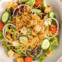 Garden Salad · Tomatoes, red onions, cucumbers, croutons and. cheddar cheese with choice of dressing.