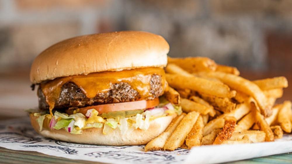 Cheese Willie Burger · Half pound beef patty, cooked medium well, choice of cheese, includes mayo, mustard, lettuce, red onion, tomato, pickles. Choice of one side.