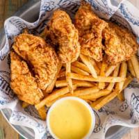 Chicken Tenders · (5 pieces) Hand-breaded chicken tenders and served with honey mustard. Choice of one side.