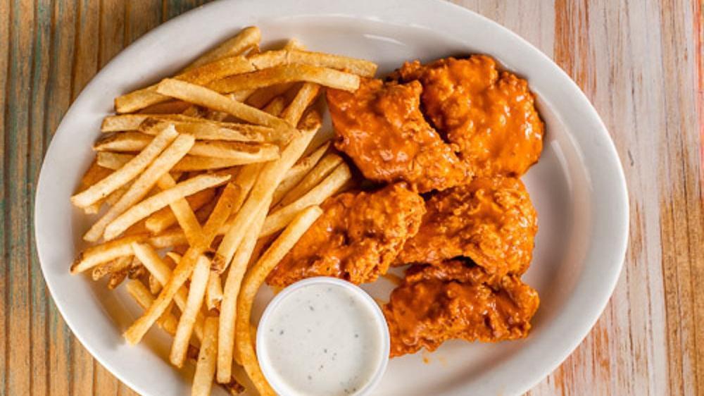 Buffalo Chicken Tenders · (5 pieces) Hand-breaded chicken tenders with buffalo sauce served with ranch or bleu cheese dressing. Choice of one side.