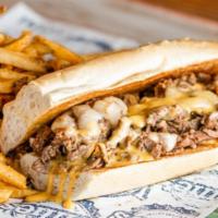 Philly Willie Cheesesteak · Shaved ribeye with grilled onions, queso, and Monterey Jack cheese,. Choice of one side.
