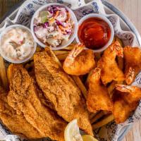 Fried Catfish And Shrimp Combo · $14.39 Sm / $18.79 Lg. Fried catfish and shrimp served with cocktail, tartar, coleslaw, and ...