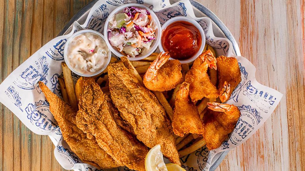 Fried Catfish And Shrimp Combo · $14.39 Sm / $18.79 Lg. Fried catfish and shrimp served with cocktail, tartar, coleslaw, and lemon wedges. Choice of one side.