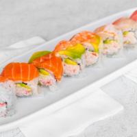 Rainbow Roll · RAW FISH. Inside : Crabmeat, Cucumber, Avocado / Top : Tuna, Salmon, Snapper, Shrimp, Avocado.